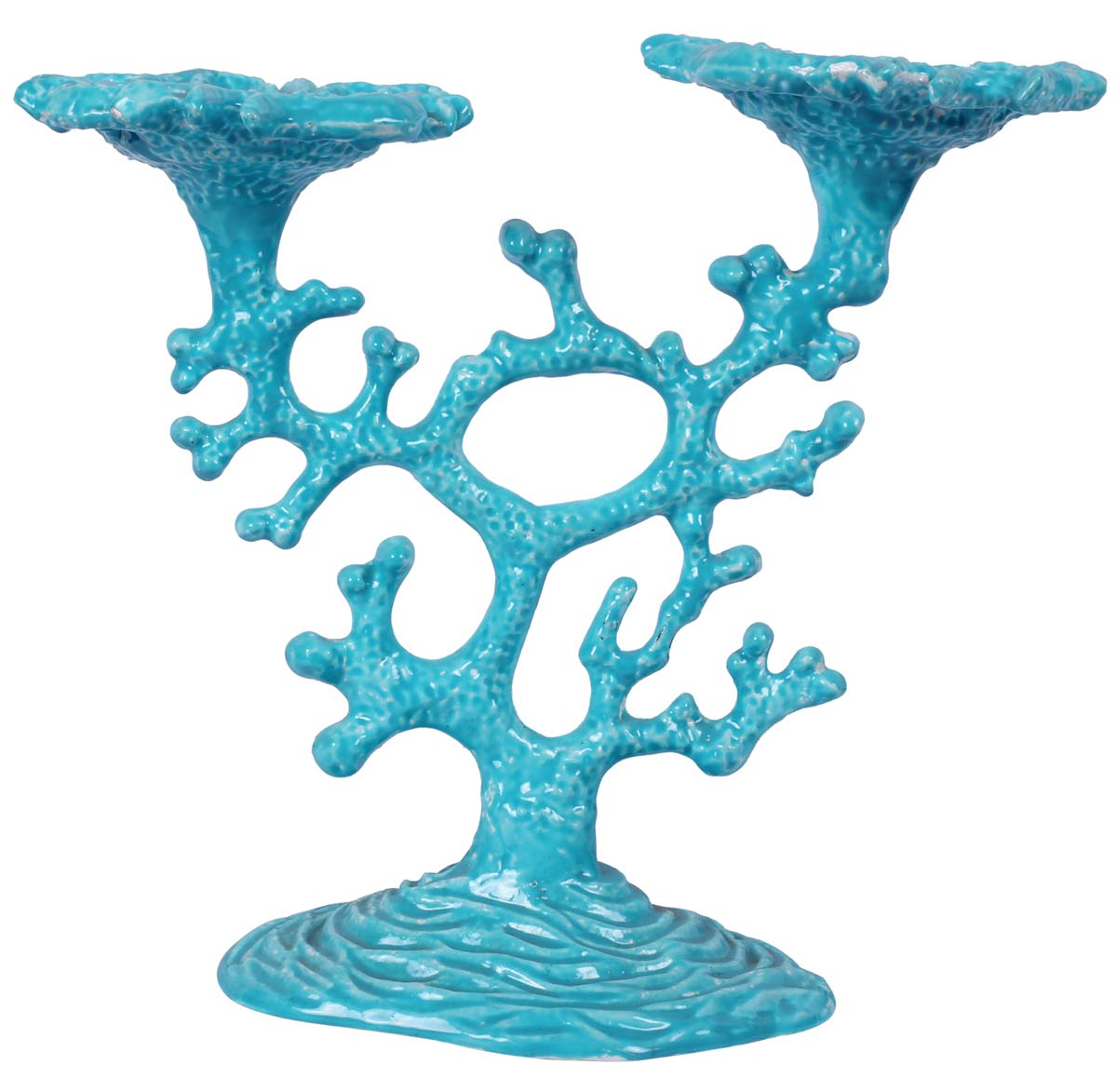 9.5” Sea-Tree Candle-Stand with 2 Holders in Aluminum - Sea-Blue Color - Hand-Crafted Home Decor from India - Buy in Bulk Wholesale